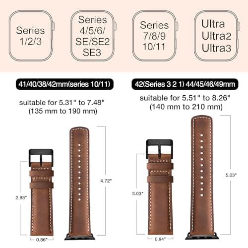 SUNFWR Leather Bands Compatible with Apple Watch Band 42mm(Series 3 2 1) 44mm 45mm 46mm 49mm for Men Women, Top Grain Genuine Leather Replacement Strap for iWatch Ultra 3 2 1, SE3 2 1, Series 11 10 9 8 7 6 5 4 3 2 1