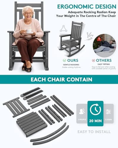 SERWALL Outdoor Rocking Chair Set of 2, HDPE Rocking Chairs for Adult, All Weather Porch Rockers for Lawn Garden, Grey