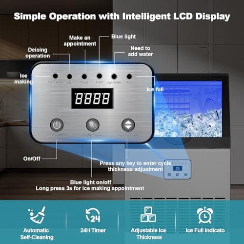 Amzgachfktch Commercial Ice Maker, 100lbs/24H Ice Maker Machine, Auto Self-Cleaning, LED Digital Display, Blue Light, Under Counter/Freestanding Ice Machine for Home/Office/Restaurant/Bar
