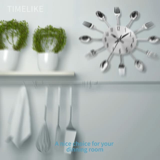 Timelike Kitchen Wall Clock, 3D Removable Modern Creative Cutlery Kitchen Spoon Fork Wall Clock Mirror Wall Decal Wall Sticker Room Home Decoration