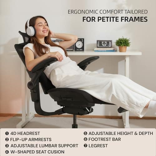 CabLady S2 Petite Office Chair for Women & Small Frames - 330lb Capacity, 4D Adjustable Lumbar/Headrest, Flip-Up Arms & Footrest, Ergonomic Desk Chair
