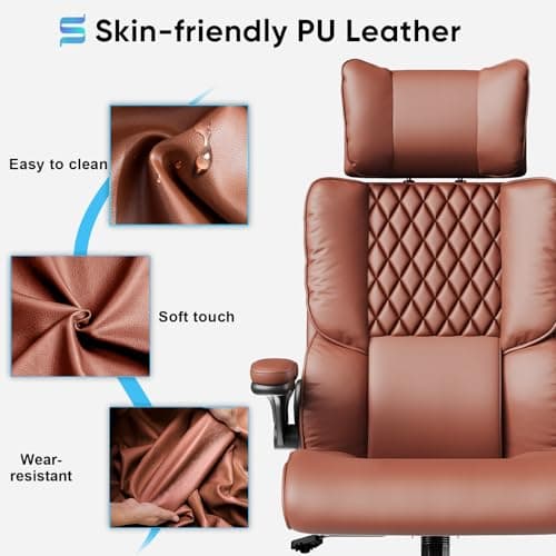 Sytas Executive Office Ergonomic Chair with Adjustable Headrest, PU Leather Desk Chair, High-Back Swivel Task Chair for Home Office, 135° Reclining, Brown