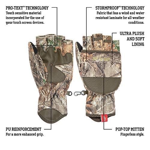 HOT SHOT Men’s Camo Cyclone Stormproof Pop-Top Mittens - Realtree Edge Outdoor Hunting Camouflage