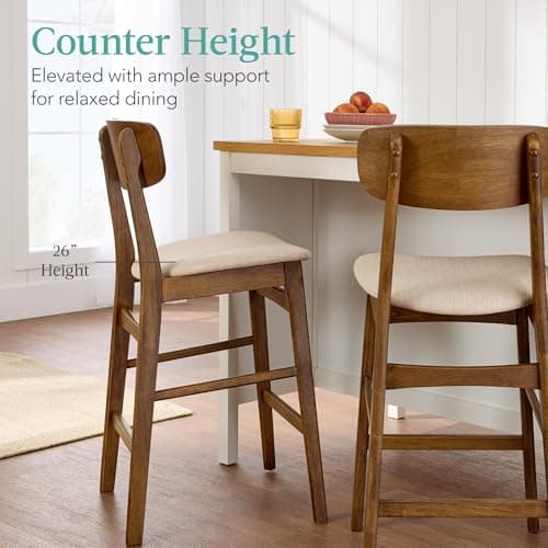 Best Choice Products Bar Stool Set of 2, Modern Farmhouse Counter Height Stools w/Upholstered Cushioned Seat, Wooden Curved Backrest - Walnut/Cream