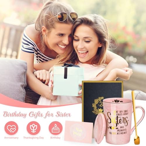 14oz Pink Marble Coffee Mug with Gold Print, Lid, Spoon, Greeting Card and Elegant Gift Box, Present for Big Sister Sister Birthday Gifts for Sister from Brother Sisters, 14oz Sisters Mug B0855VHN6G