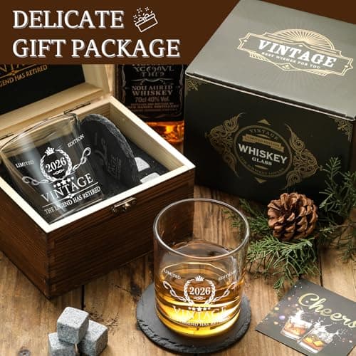 Retirement Gifts for Men Whiskey Glass Set - The Legend Has Retired 2025 - Retirement Party Decorations, Supplies - Gifts Ideas for Him, Dad, Husband, Friends - Wood Box & Whiskey Stones & Coaster