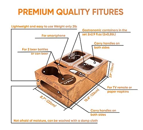 Wood Beer Box - Gift for Beer Lovers, Dad, Man, Him, Boyfriend- Drink Box Snacks Tray- Table Stand Caddy with slots for glasses, chips, nuts- Couch Organizer for Beverages, Remote Control, Phone stand