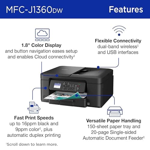 Brother Work Smart 1360 Wireless Color Inkjet All-in-One Printer with Automatic Duplex Printing and 1.8” Color Display | Includes Refresh Subscription Trial(1) (MFC-J1360DW) (Uses LC501 Series Inks)