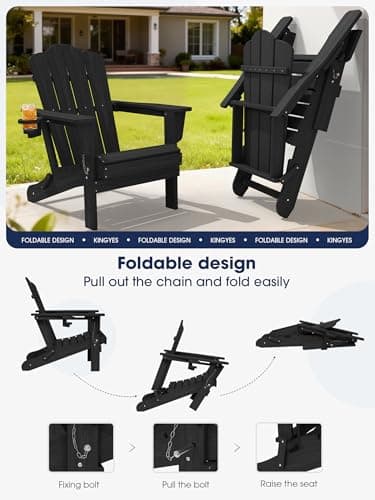 KINGYES Folding Adirondack Chair Set of 6, HDPE All-Weather Patio Chairs, Wooden Textured Lawn Chair for Poolside, Backyard, Deck, Fire Pit, Black