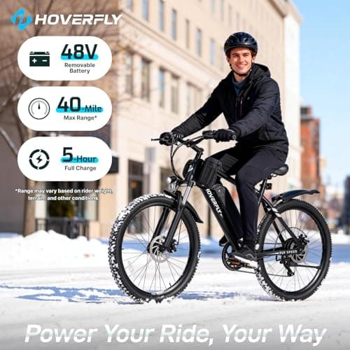 HOVERFLY OUREA 26" Electric Bike for Adults, 750W Peak Motor Mountain Ebike, 20MPH Up to 40 Miles, UL2849 Certified, 7-Speed, Removable Battery, Shock Absorber, Fat Tire Commuter E-Bike