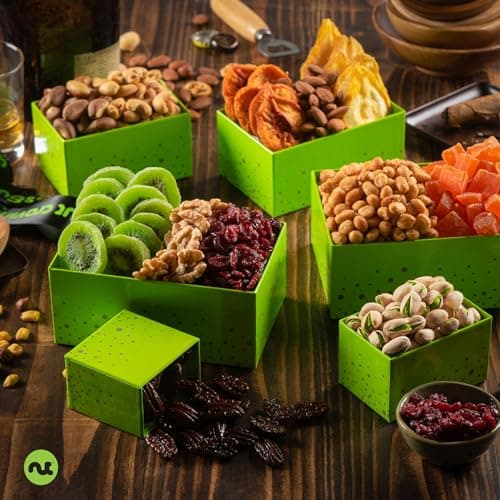 Green Tower + Ribbon, Food Arrangement, Healthy Snack Care Package, Kosher NUT CRAVINGS - Dried Fruit & Mixed Nuts Gift Basket (12 Assortments) B081294WT2