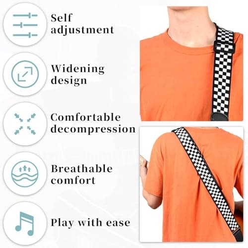 Qivorimith Guitar Strap,Acoustic Electric Guitar With Leather Pick Box and 3 PCS Picks Guitar Accessories,Available for All Guitars(Black White Grid)