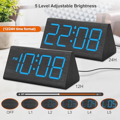 DreamSky Wooden Digital Alarm Clocks for Bedrooms - Electric Desk Clock with Large Numbers, USB Port, Loud Alarm for Heavy Sleepers, Adjustable Volume, Dimmer, DST, Wood Décor Gifts, Adapter Powered