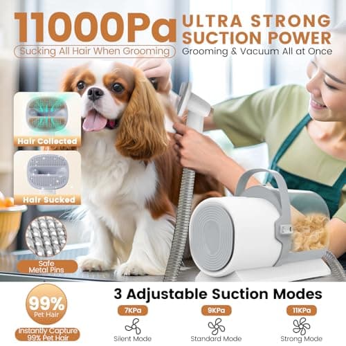 Dog Grooming Vacuum and Kit, Clipper Nail Trimmer Grinder, 2.5L Dust Cup 7 Grooming Tools 11000Pa Pet Vacuum for Shedding Grooming, Dog Hair Vacuum, Home Cleaning, PG50 Plus
