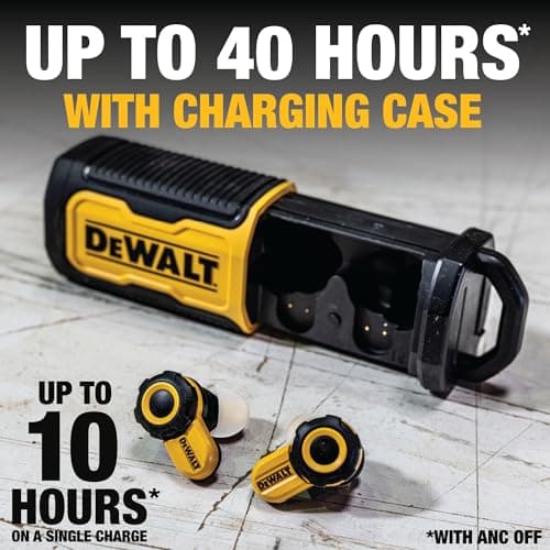 DEWALT Heavy Duty Bluetooth Jobsite Pro X2 ANC True Wireless Earbuds, Active Noise Cancelling Work Earbuds, Turn Dial Controls, 10Hr Runtime (40+ w/Case), 4 EQ Modes, IP54