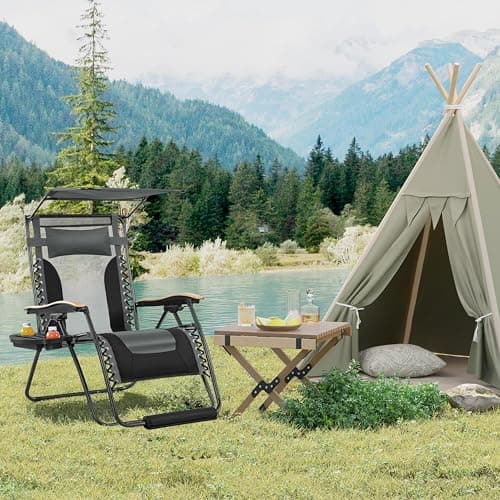 Yaheetech 29in Zero Gravity Chair, Adjustable Patio Padded Anti Gravity Recliner Foldable Outdoor Lounger with Cup Holder Tray, Canopy Shade and Headrest for Beach Camping Gray/Black/1