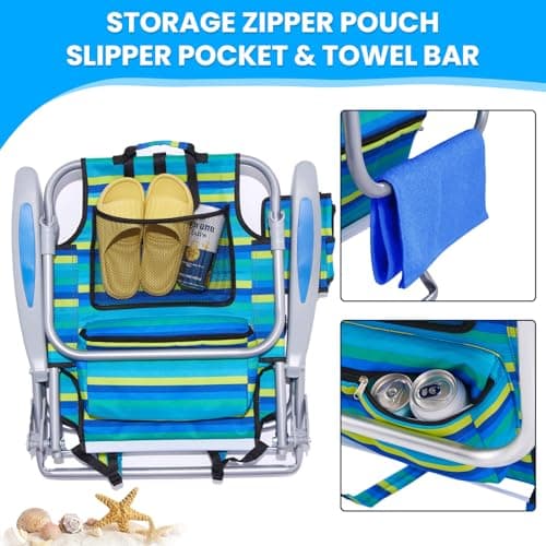 Portable Beach Chair for Adults, Outdoor Camping Chair Lay Flat Folding Backpack Beach Reclining Chair with 5 Positions, Headrest, Cup Holder, Heavy Ocean Striped