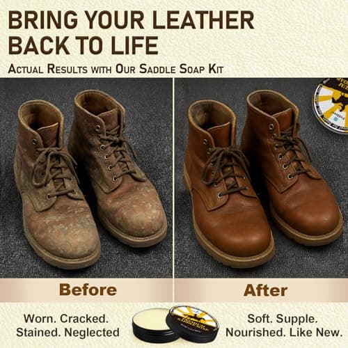 Feilove Saddle Soap for Leather – All-Natural 3-in-1 Leather Cleaner & Conditioner Kit with Horsehair Brush & Cloth – For Boots, Bags, Saddles, Car Interiors, Shoes 3.52oz