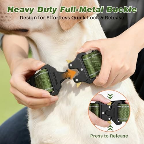 WINGOIN Tactical Dog Collar with AirTag Holder, Heavy Duty Reflective Padded Nylon Collar for Large Dogs, Quick Release Metal Buckle, Dogcollar for Training Walking Hunting, IPX5 Waterproof, Green,L