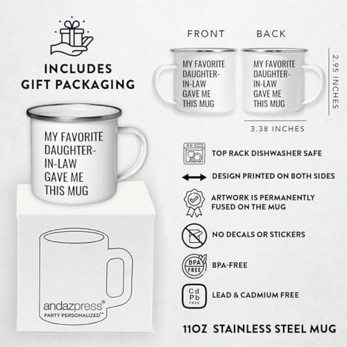 Andaz Press Funny 11oz. Stainless Steel Campfire Coffee Mug, My Favorite Daughter-in-Law Gave Me This Mug, 1-Pack, Enamel Camp Birthday Christmas Cup Father In Law Gift Mother In Law Gift B07VRQ4XHF