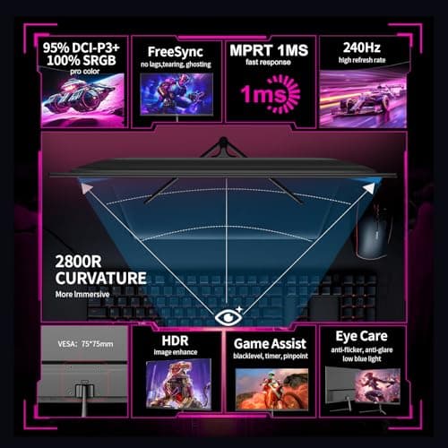 ZZA 25" Curved Gaming Monitor, 240Hz|144Hz FHD(1920 * 1080P) VA Screen Computer Monitor, Supports Freesync, 120% sRGB, Blue Light Filter,AMD Freesync, Wall Mountable Installs(HDMI 1.4/DP 1.2)