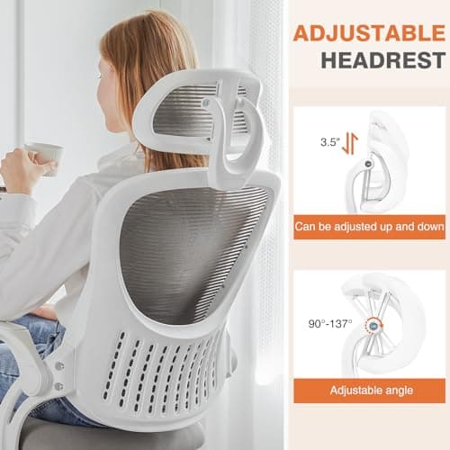 Sweetcrispy Home Office Desk Chair, Ergonomic High-Back Mesh Rolling Work Computer Chairs with Wheels and Adjustable Headrests, Comfortable Lumbar Support, Comfy Flip-up Arms for Bedroom, Study, Grey