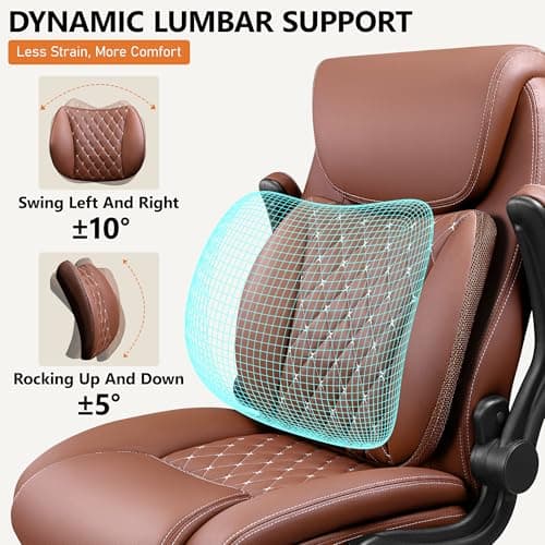 Office Chair, Ergonomic Desk Chair with Lumbar Support for Lower Back Pain Relief, Executive Leather Chair with Padded Flip-up Armrests and Wheels, Brown
