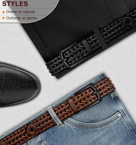 BULLIANT Men Belt 2Pack,Braided Woven Leather Belt For Men Golf Casual Jeans 1 3/8"