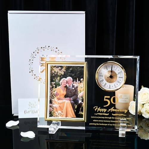 Dxaeqr 50th Wedding Anniversary Keepsake for Couples, Crystal Glass Photo Frame Clock, Golden Anniversary Present for Parents Grandparents Wife Husband, Holds 4x6 Photo B0G6WN24TD