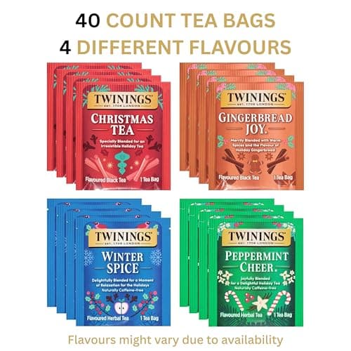 Twinings Christmas Holiday Variety Tea Bag Pack (40 Count) 4 Flavours Include Christmas Tea, Winter Spice, Gingerbread Joy, Peppermint Cheer, Seasonal Gift for Her, Him, Family, Friends B0DZ3153N8