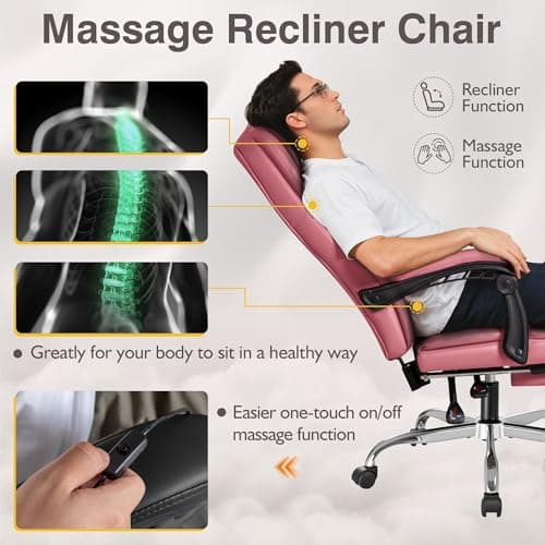 Shahoo Executive Office Chair with Massage, Ergonomic Reclining High Back Leather Seats with Footrest and Lumbar Support, Big and Tall, 400Lbs Heavy Duty, Pink