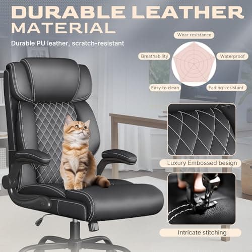 Office Chair-Executive High Back Breathable Big and Tall Office Chair Flip-up Armrests Lumbar Support-Ergonomic Leather Rolling Swivel Chair with Rock Function for Working Studying Gaming,Black