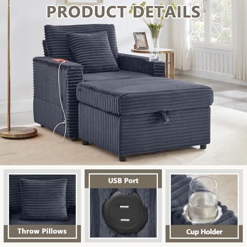 Chaise Lounge Chair Indoor with Ottoman, Corduroy Sofa Bed with Table Board, USB Ports, Cup Holder & Pillow, Boneless Chaise Lounge for Storage Space Living Room Bedroom Apartment (Grey)