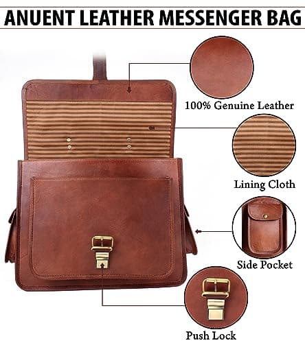 ANUENT Genuine Brown Leather Laptop Messenger Bag for Men and Women | Rugged Leather Satchel | Professional Business Briefcase | Crossbody Computer Bag