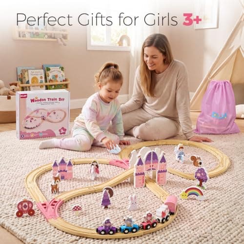 Pink Train Track Set Fairy Theme with Multiple Layouts, Birthday Gift Toys for Girls 3 4 5 6 Year Old Wooden Train Set Electric, 50 PCS Unicorn Princess Wood Track for Girls B0HDSGBW7S