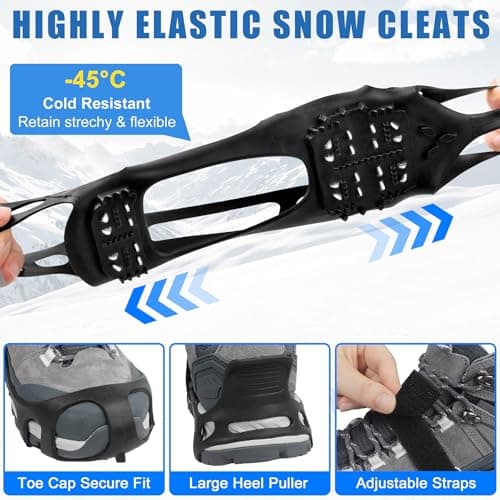 JSHANMEI Ice Cleats, Crampons Snow Traction Ice Cleats for Shoes and Boots Women Men, Non Slip Grippers Spikes for Shoes with Straps, Slip-on Rubber Overshoe Stretch Footwear for Winter Walking Hiking Fishing