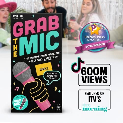 Lucky Egg Official Grab The Mic – Family Karaoke Board Game w/Foam Mic, 8+ Ages, 2-10 Players - Games for Bad Singers w/ 230 Lyrics (115 Cards)