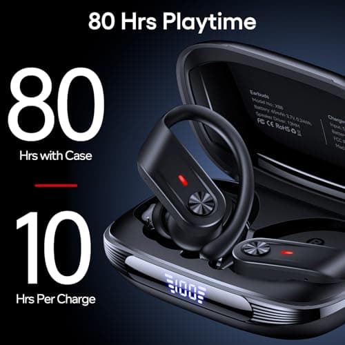 Hybrid Active Noise Cancelling Wireless Earbuds 80 Hrs Playtime Hi-Res Stereo Sound Bluetooth Headphones with Transparency Mode Ear Buds with Earhooks ANC Sports Earphones for Workout Running Travel