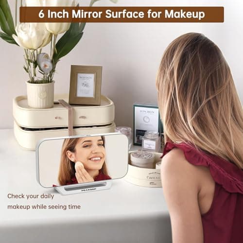 Peakeep Slim Digital Mirror Aesthetic Alarm Clock for Bedrooms Desk Decor, Plug in Electric Big LED Modern Small Clock for Office Living Room, Battery Backup, 6 Dimmers (White)