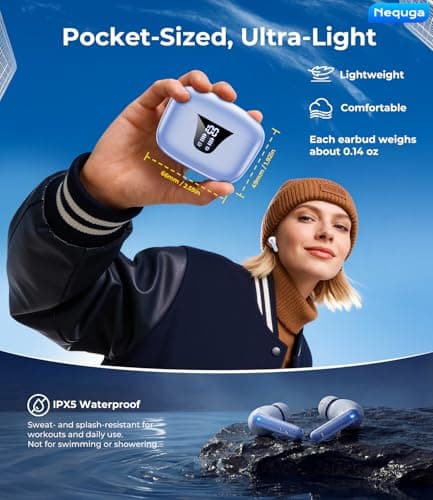 Nequga Wireless Earbuds Bluetooth Headphones, 50H Playtime Ear Buds with Mic, LED Digital Display Charging Case, IPX7 Waterproof, Deep Bass Stereo, in-Ear Earphone for iPhone Andriod Phone