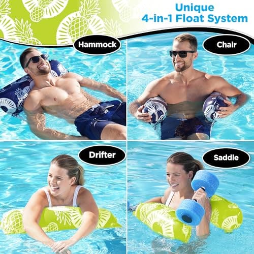 Waterlife 4-in-1 Pool Hammock 2-Pack, Inflatable Pool Chair Float, Water (Saddle, Lounge Chair, Drifter), Navy Blue and Green