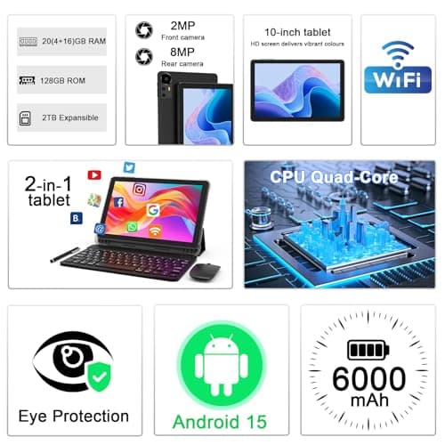 CUPEISI Android 15 Tablet 10 Inch, 20GB RAM+128GB ROM/2TB Expandable, 2.0GHz Quad-core Processor, 1280*800 HD Screen, 5G WiFi6 BT 5.0, 2 in 1 Tablets with Keyboard Case Mouse Stylus, Widevine L1 Black