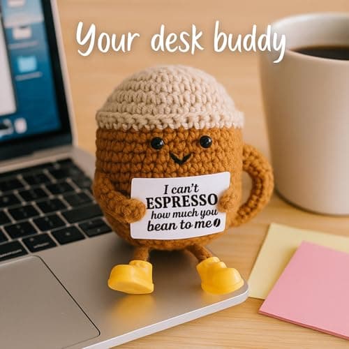 Birthday Gifts for Women Men Positive Crochet Coffee Cup Desk Decor–Cute Coffee Lover Gift for Best Friend Girlfriend Couple Wife Husband Anniversary Thank You
