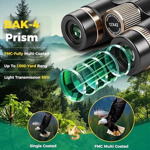 12x42 UHD Binoculars for Adults High Powered Waterproof Large View with Clear Vision & Compact Binocular Essentials for Hunting Camping Cruise Travel Bird Watching Sports