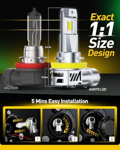 AUXITO H11 Light Bulbs, 40000LM 6500K Cool White H9/H8/H11 LED Fog Light Bulbs with Fan 1:1 Mini Size, CANbus Ready No Flicker, Pack of 2
