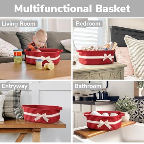 13" x 10" x 5" Storage Baskets for Toys & Baby Essentials, Fits Nursery & Bedroom Organization, Built-In Handles, Bow Design CHICVITA Small Woven Rope Gift Basket, Decorative Burr Basket, Red B0D7MKY1YJ