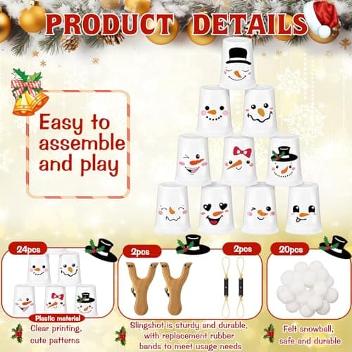 Leitee Christmas Party Games for Family Kids Adults Christmas Games with 24 Stacking Cup 2 Wooden Slingshot 2 Spare Slingshot Rubber Band 20 Felt Fake Snowball for Toss Carnival Parties Group Xmas Fun