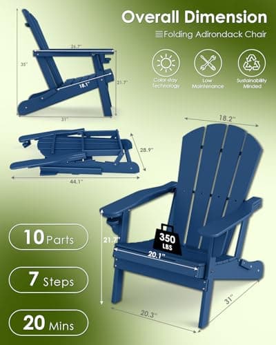 GREENVINES Folding-Adirondack-Chairs-Set-of-6 | w/Cup Holder| HDPE Plastic | All-Weather Patio Fire Pit Chairs | for Outdoor Poolside Deck | Blue