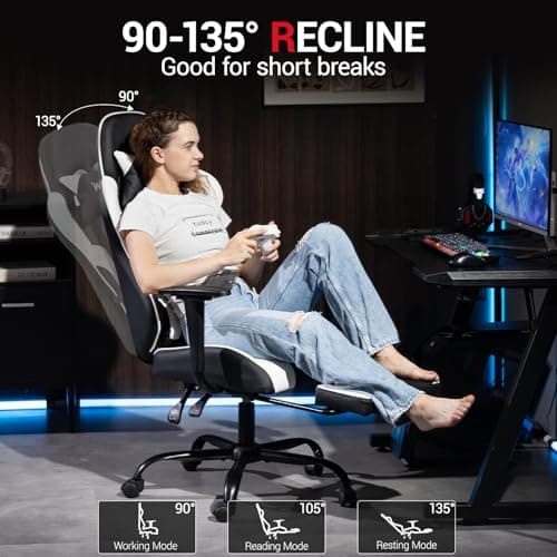 Gaming Chair with Footrest, Ergonomic PC Desk Chair with Headrest and Massage Lumbar Support, Video Game Chair with Height Adjustable High Back for Home Office, PU Leather, White