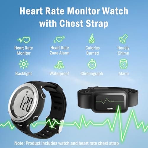 EZON Heart Rate Monitor and Chest Strap, Exercise Heart Rate Monitor, Sports Watch with HRM, Waterproof, Stopwatch, Hourly Chime T007